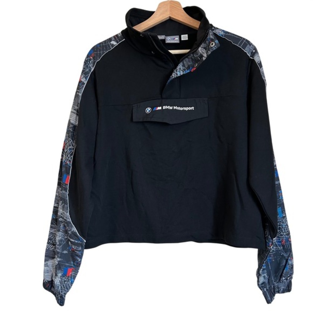 Puma BMW Motorsport Medium Black Logo Quarter Zip Pullover Sweatshirt Biker Snap